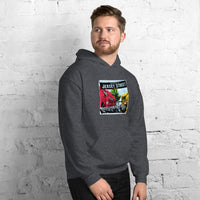 photo of man wearing dark grey unisex hoodie sweatshirt with boston red sox fenway park jersey street gate a design with blocks of color