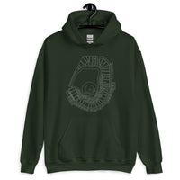 dark green unisex hoodie sweatshirt with outline of fenway park and the red seat in red