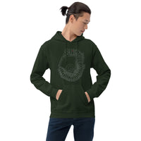 man wearing dark green unisex hoodie sweatshirt with outline of fenway park and the red seat in red