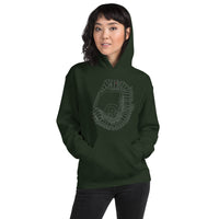 woman wearing dark green unisex hoodie sweatshirt with outline of fenway park and the red seat in red