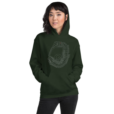 woman wearing dark green unisex hoodie sweatshirt with outline of fenway park and the red seat in red
