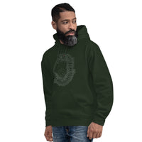 man wearing dark green unisex hoodie sweatshirt with outline of fenway park and the red seat in red