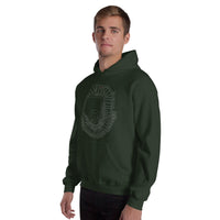 man wearing dark green unisex hoodie sweatshirt with outline of fenway park and the red seat in red