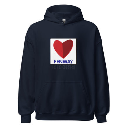 Navy unisex hoodie with the boston fenway citgo sign in the shape of a heart