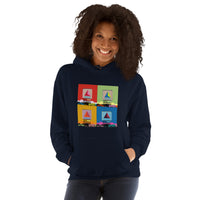 photo of woman wearing Navy blue hoodie sweatshirt with boston citgo sign design in colorful 4 up grid in the style of andy warhol