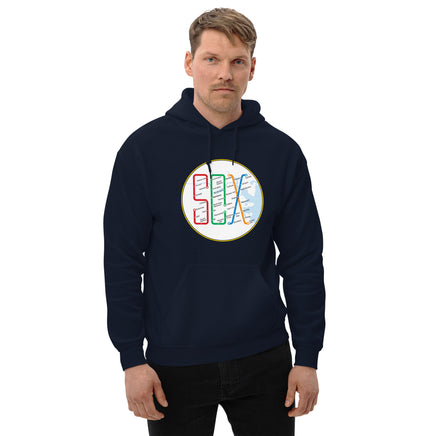 photo of man wearing Boston MBTA design as Red Sox stops using the word Sox, on navy hoodie sweatshirt