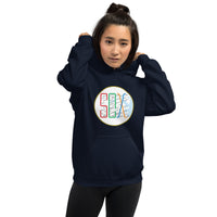 photo of woman wearing Boston MBTA design as Red Sox stops using the word Sox, on navy hoodie sweatshirt