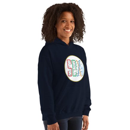 photo of woman wearing Boston MBTA design as Red Sox stops using the word Sox, on navy hoodie sweatshirt