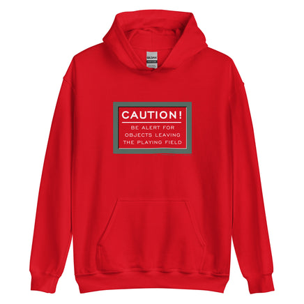 red unisex hoodie sweatshirt with design of Fenway park infield red caution warning in white text