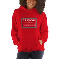 photo of woman wearing red unisex hoodie sweatshirt with design of Fenway park infield red caution warning in white text