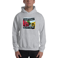 photo of man wearing light grey unisex hoodie sweatshirt with boston red sox fenway park jersey street gate a design with blocks of color