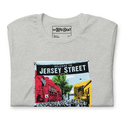 close up photo of light grey t-shirt with boston red sox fenway park jersey street gate a design with blocks of color