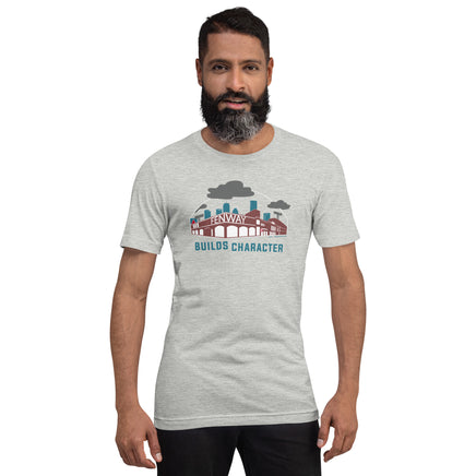 photo of man wearing grey unisex t-shirt with the red seat building character design of the boston red sox fenway park.