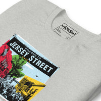 close up photo of light grey t-shirt with boston red sox fenway park jersey street gate a design with blocks of color