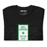 photo of folded black unisex t-shirt with the boston celtics 18th NBA championship banner