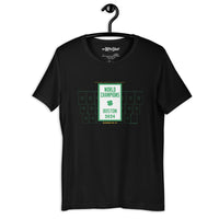 black unisex t-shirt with the boston celtics 18th NBA championship banner, on a hanger