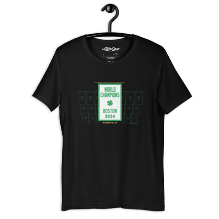 black unisex t-shirt with the boston celtics 18th NBA championship banner, on a hanger