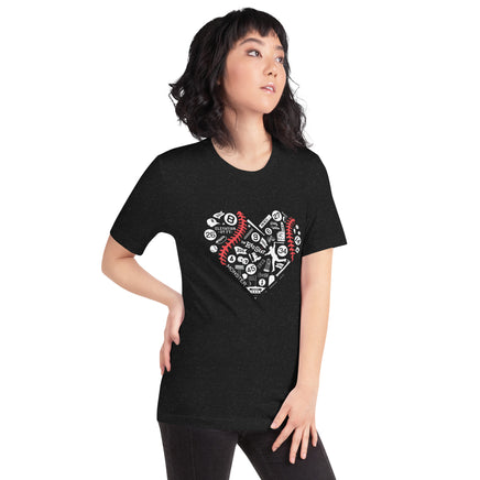 unisex black t-shirt with heart shaped design with boston red sox fenway park designs