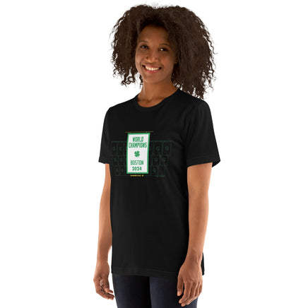 photo of woman wearing black unisex t-shirt with the boston celtics 18th NBA championship banner