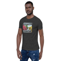 photo of man wearing dark grey t-shirt with boston red sox fenway park jersey street gate a design with blocks of color