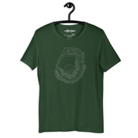 dark green design with outline of fenway park and the red seat in red
