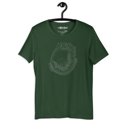 dark green design with outline of fenway park and the red seat in red