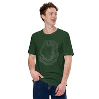 man wearing dark green design with outline of fenway park and the red seat in red
