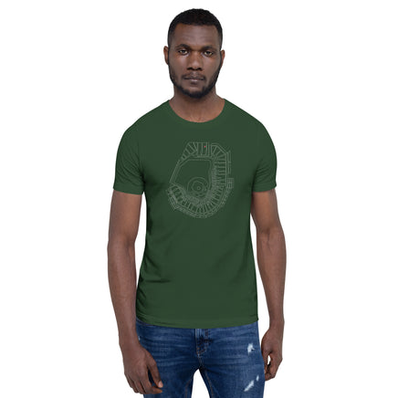 man wearing dark green design with outline of fenway park and the red seat in red