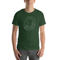 man wearing dark green design with outline of fenway park and the red seat in red