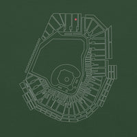 dark green design with outline of fenway park and the red seat in red
