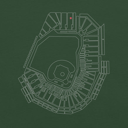 dark green design with outline of fenway park and the red seat in red