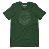 dark green unisex t-shirt with outline of fenway park and the red seat in red