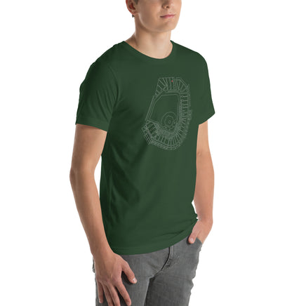 man wearing dark green design with outline of fenway park and the red seat in red