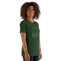 woman wearing dark green design with outline of fenway park and the red seat in red