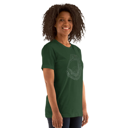 woman wearing dark green design with outline of fenway park and the red seat in red