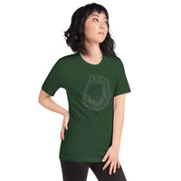 woman wearing dark green design with outline of fenway park and the red seat in red