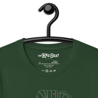 close up of dark green design with outline of fenway park and the red seat in red