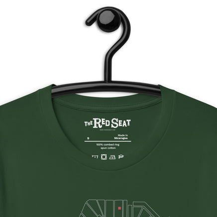 close up of dark green design with outline of fenway park and the red seat in red