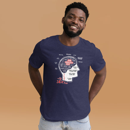 photo of man wearing navy blue red sox t-shirt designed by the red seat. based on phrenology, there is a human head with many feeling a red sox fan encounters