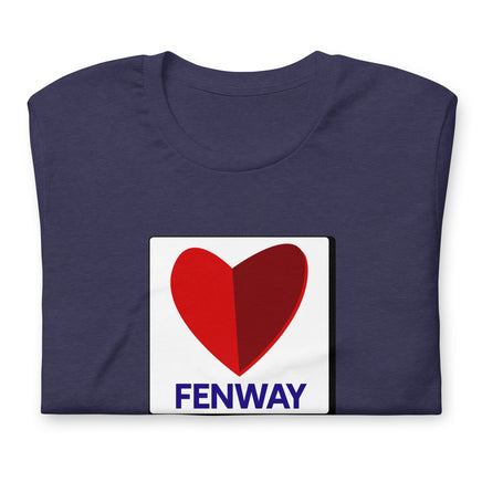 folded Navy blue unisex t-shirt with boston fenway citgo sign in the shape of a heart
