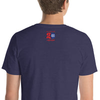 photo of the back of a man wearing navy blue red sox t-shirt designed by the red seat.