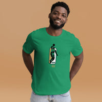 man wearing green shirt with jaylen brown mvp design in green gold and white similar to NBA logo