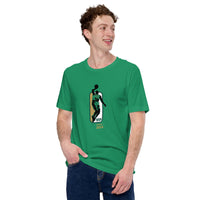 man wearing green shirt with jaylen brown mvp design in green gold and white similar to NBA logo