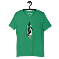 green shirt on a hanger with jaylen brown mvp design in green gold and white similar to NBA logo