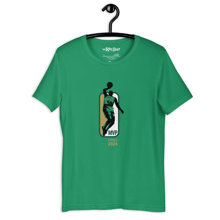 green shirt on a hanger with jaylen brown mvp design in green gold and white similar to NBA logo