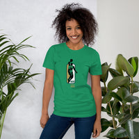 woman wearing green shirt with jaylen brown mvp design in green gold and white similar to NBA logo