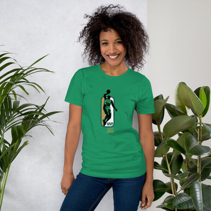 woman wearing green shirt with jaylen brown mvp design in green gold and white similar to NBA logo