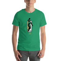 man wearing green shirt with jaylen brown mvp design in green gold and white similar to NBA logo