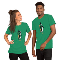 woman and man wearing green shirt with jaylen brown mvp design in green gold and white similar to NBA logo