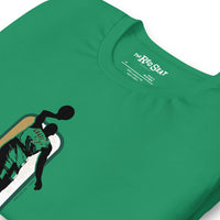 close up of green shirt with jaylen brown mvp design in green gold and white similar to NBA logo